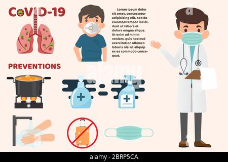 Coronavirus : CoV Infografiken Elemente, Menschen zeigen Coronavirus Prävention. Gesundheit und Medizin. Novel Coronavirus 2019. Lungenentzündung. Covi Stock Vektor