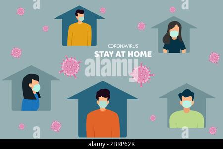 Menschen mit Maske zu Hause bleiben Bewusstsein Social Media Coronavirus Prävention. Schutz an Ort und Stelle. Pandemie des Coronavirus und soziale Distanzierung. Stayi Stock Vektor