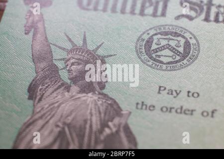 Text und Freiheitsstatue-Logo auf dem Scheck (Scheck) der US-Finanzministerium über die Zahlung der wirtschaftlichen Auswirkungen (Entlastung durch COVID-19-Pandemie). Stockfoto