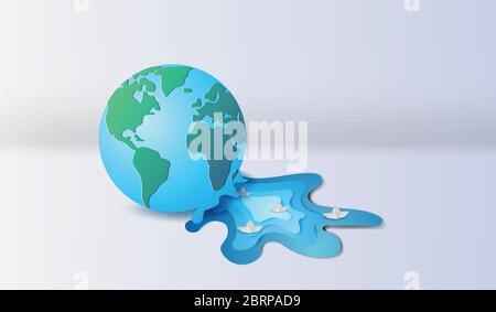 3d Papier Kunst und Handwerk der Erde mit schwimmenden Segelboot im Fluss, Umwelt Welt concept.Vector, Illustration Stock Vektor