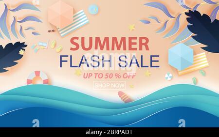 Papier Kunst und Handwerk Stil von oben Ansicht Sommer Verkauf Banner Design tropischen Strand Hintergrund. Vektorgrafik Stock Vektor
