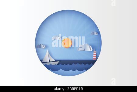 Illustration von Meerblick mit einem schwimmenden Segelboot in der klaren Sonne Beleuchtung blauen Himmel.Landschaft Sommerzeit Saison.Sommer-Poster mit Print.Paper ar Stock Vektor