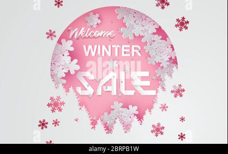 Papier Kunst und Handwerk des Winterverkaufs mit Snow.Pink Farbe Pastell Ton für Banner Werbung Konzept Design.Vector Illustration Stock Vektor