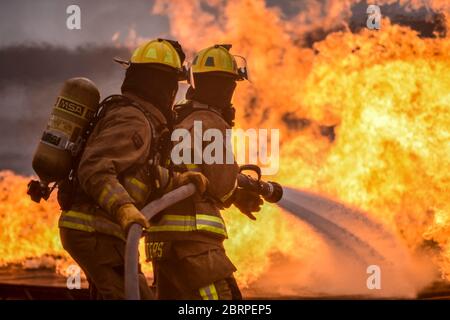 Feuerwehrleute, die dem 180. Fighter Wing der Ohio National Guard zugewiesen wurden, löschen kontrollierte Brände während einer Übung am Toledo Express Airport in Swanton, Ohio, 19. Mai 2020. Die Übung bestand darin, dass Feuerwehrleute versuchten, kontrollierte Brände in einer Vielzahl von Szenarien zu löschen, die sie erleben könnten, einschließlich Motorbrände, brennende Rumpf und brennende Spuren von Gas. Durch Schulungen für vielfältige, praxisreife Szenarien sind Airmen umfassend geschult, qualifiziert, vorbereitet und jederzeit bereit, weltweit eingesetzt zu werden. (USA Foto der Air National Guard von Senior Airman Kregg York) Stockfoto