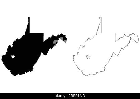 West Virginia WV State Map USA mit Capital City Star in Charleston. Schwarze Silhouette und umreißen isolierte Karten auf weißem Hintergrund. EPS-Vektor Stock Vektor