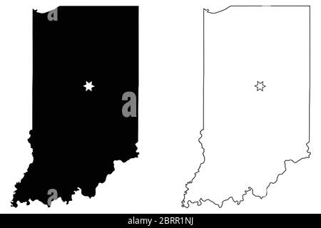 Indiana IN State Karten USA mit Capital City Star in Indianapolis. Schwarze Silhouette und Umriss isoliert auf weißem Hintergrund. EPS-Vektor Stock Vektor