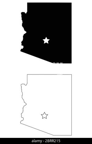 Arizona AZ State Map USA mit Capital City Star in Phoenix. Schwarze Silhouette und umreißen isolierte Karten auf weißem Hintergrund. EPS-Vektor Stock Vektor