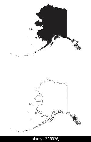 Juneau Alaska AK State Karte USA mit Capital Star. Schwarze Silhouette und umreißen isolierte Karten auf weißem Hintergrund. EPS-Vektor Stock Vektor