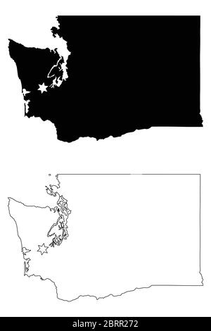 Washington WA State Map USA mit Capital City Star in Olympia. Schwarze Silhouette und umreißen isolierte Karten auf weißem Hintergrund. EPS-Vektor Stock Vektor