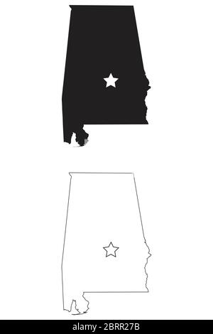 Montgomery Alabama AL State Karte USA mit Capital Star. Schwarze Silhouette und umreißen isolierte Karten auf weißem Hintergrund. EPS-Vektor Stock Vektor