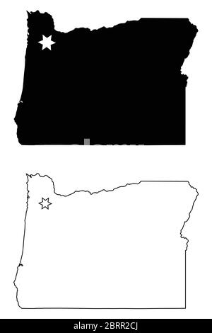 Oregon ODER State Map USA mit Capital City Star in Salem. Schwarze Silhouette und Umriss isoliert auf weißem Hintergrund. EPS-Vektor Stock Vektor