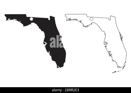 Florida FL State Karten USA mit Capital City Star in Tallahassee. Schwarze Silhouette und Umriss isoliert auf weißem Hintergrund. EPS-Vektor Stock Vektor