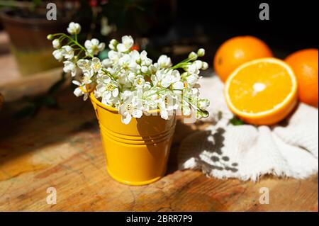 Dekor gelb metallic Eimer voller blühender weißer Blüten mit reifen saftigen frischen Orangen auf einer weißen Waffelserviette im Hintergrund auf einem Holz Stockfoto