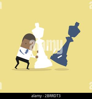 Afrikanischer Geschäftsmann, der riesige weiße Schachfigur gegen andere Schachfiguren bewegt. Businessplan und Strategiekonzept. Stock Vektor