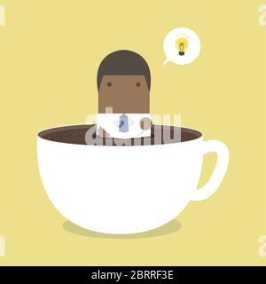 Afrikanischer Geschäftsmann denkt in einer Kaffeetasse. Stock Vektor