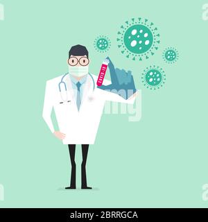 Arzt mit Schutzmaske und Brille mit Blutprobe auf Coronavirus. Stock Vektor
