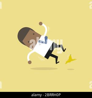 Afrikanischer Geschäftsmann rutscht auf einer Bananenschale und fällt herunter. Stock Vektor