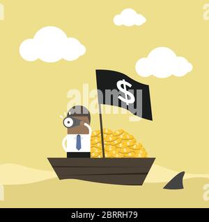 Afrikanischer Geschäftsmann auf Geldboot durch Teleskop beobachten. Stock Vektor