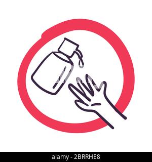 Bitte verwenden Sie ein Handdesinfektionsgel. Handdesinfektionsmittel Doodle isoliert auf weißem Hintergrund. Stock Vektor