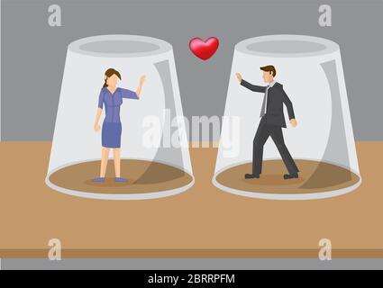 Cartoon Mann und Frau in der Liebe, aber jeder ist in eigenen unsichtbaren Schutz Glaswand gefangen. Kreative Vektor-Illustration des Konzepts auf Hindernisse für lov Stock Vektor
