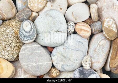 Mix aus abgerundeten mehrfarbigen strukturierten Steinen am Strand. Nahaufnahme von Küstenaufnahmen Stockfoto