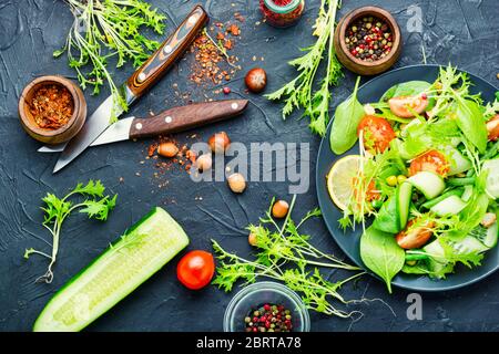 Frühlingsgrüner Salat mit Gemüse und Nüssen.Diet Menü Stockfoto