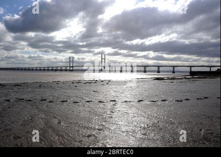 Zweite Severn Crossing von Blackrock und Sudbrook aus gesehen. Stockfoto