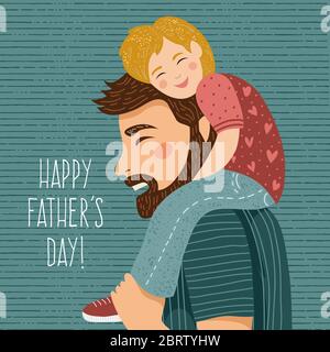 Happy Father s day.Handgezeichnete Zeichnung von Papa und das Kind auf seinen Schultern auf einem weißen Hintergrund sitzen. Niedliche Vektorfamilie Illustration Stock Vektor