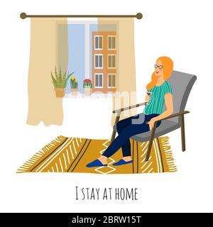 Ich bleibe zu Hause. Mädchen sitzt in einem Sessel in der Nähe des Fensters in der Inneneinrichtung. Vektor flache Cartoon-Illustration auf weiß Stock Vektor