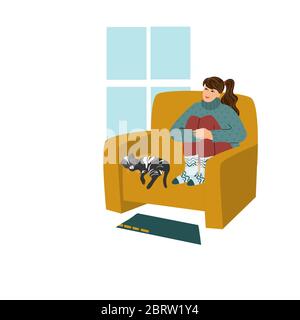 Ich bleibe zu Hause. Vektor-Illustration mit Mädchen und Katze auf einem Sessel in der Nähe des Fensters sitzen. Konzept zur Selbstisolierung während der Quarantäne Stock Vektor