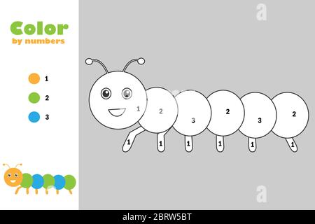 Caterpillar in Cartoon-Stil, Farbe nach Zahl, Bildung Papier Spiel für die Entwicklung von Kindern, Malvorlagen, Kinder Vorschule Aktivität, druckbar Stock Vektor