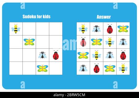 Sudoku Spiel mit Insekten für Kinder, einfache, Bildung Spiel für Kinder, Vorschule Arbeitsblatt Aktivität, Aufgabe für die Entwicklung des logischen Denkens Stock Vektor