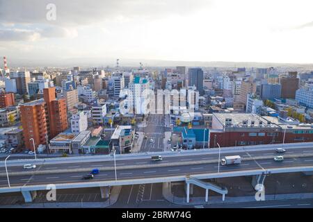 Skyline von Aomori City und Aomori Bay, Aomori Präfektur, Tohoku, Japan. Stockfoto