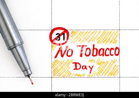 Erinnerung No Tobacco Day im Kalender mit Stift. Mai 31. Stockfoto