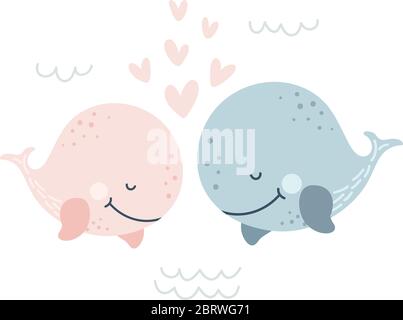 Romantische Grußkarte mit zwei Walen. Vektor Illustration von niedlichen liebevollen Paar. Karte über Freundschaft und Liebe. Valentinskarte, Poster oder Stock Vektor