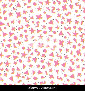 Geometrische Formen rosa und gelb nahtlose Vektor-Muster. Dreiecke, Punkte, Sterne und Kreise auf schwarz-weiß geflecktem Hintergrund. Geometrisch Stock Vektor