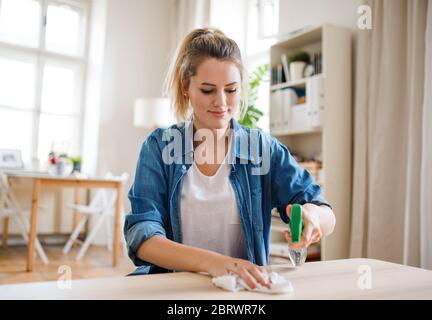 Junge Frau zuhause, Tisch putzen. Stockfoto
