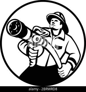 Schwarz-Weiß Illustration eines amerikanischen Feuerwehrmann Feuerwehrmann oder Feuer und Rettungsdienst Ziel eines Feuerwehrschlauchs von vorne gesehen Set im Inneren Kreis tun Stock Vektor