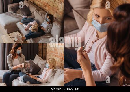 Collage aus Mutter hält Thermometer, Pillen und Fernbedienung in der Nähe Tochter in medizinischen Maske und auf der Couch Stockfoto