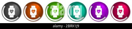 Smartwatch Icon Set, Smart Watch, Fitness Silber metallic Chrom Grenze Vektor Web-Buttons in 6 Farben Optionen für webdesign Stock Vektor