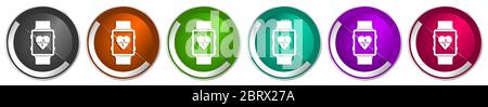 Smartwatch Icon Set, Smart Watch, Fitness Silber metallic Chrom Grenze Vektor Web-Buttons in 6 Farben Optionen für webdesign Stock Vektor