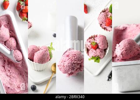 Hausgemachtes Erdbeereis, Sorbet auf weißem Hintergrund. Sauberes Essen. Ohne Zucker. Stockfoto