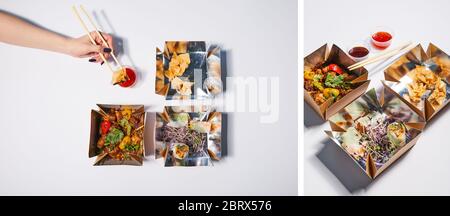 Collage von Frau hält Essstäbchen mit Knödel in der Nähe von Sauce und zum Mitnehmen Boxen mit zubereiteten chinesischen Speisen auf weiß Stockfoto