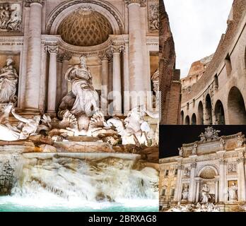 Collage aus Trevi-Brunnen in der Nähe des antiken kolosseums in rom Stockfoto