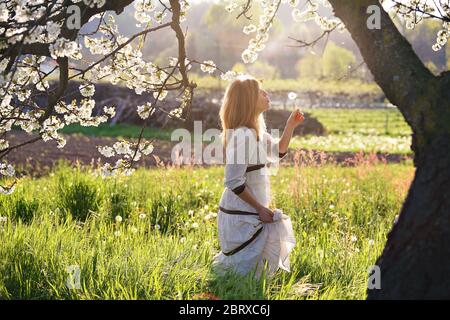 Junge Frau weht einen Löwenzahn in blühenden Wiese . Hintergrundbeleuchtung für Hochformat Stockfoto