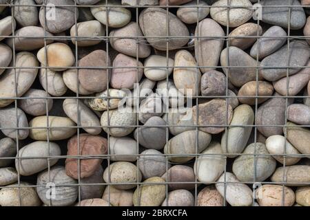 Eine Stützwand aus Kieselsteinen in einem Drahtkäfig platziert.Dies ist ein architektonisches Merkmal auf einer Grenzwand verwendet, um eine schöne Hintergrundstruktur zu geben. Stockfoto