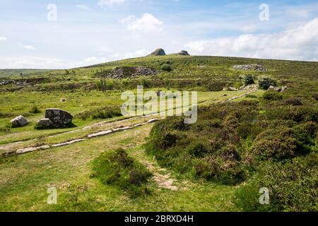 Haytor Granite Tramway (1820) wurde gebaut, um Granit von Haytor Quarry zum Stover Kanal zu transportieren. Dartmoor National Park, Devon, England, U. Stockfoto