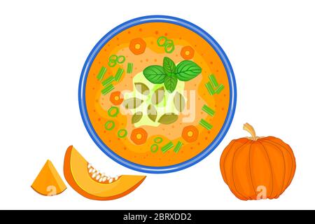 Kürbissuppe isoliert auf weißem Hintergrund. Erntedankfest im Herbst. Schüssel mit Kürbis Gazpacho. Köstliche heiße cremige Suppe in Teller Draufsicht. Vektor Stock Vektor