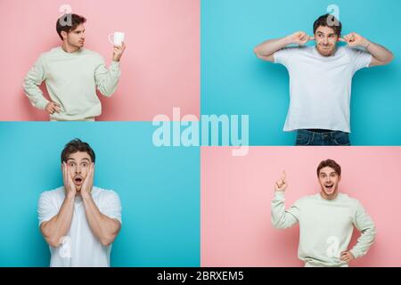 Collage aus jungen Mann, der Tasse hält, Ohren mit Fingern verstopft, Gesicht berührt und Idee Geste auf rosa und blau Hintergrund zeigt Stockfoto