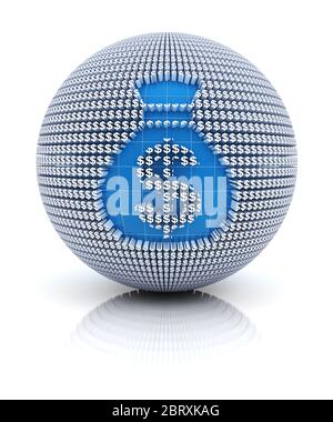 Geldbeutel-Symbol auf Globus durch Dollar-Zeichen, 3d-Rendering, weißem Hintergrund gebildet Stockfoto